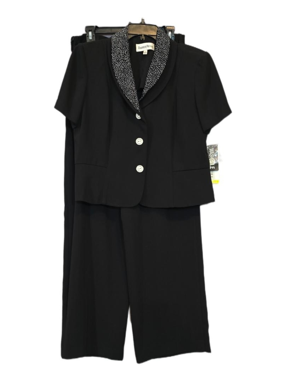 Danny & Nicole Black Short-Sleeve Pantsuit with Dotted Contrast Collar Sizw 14 P